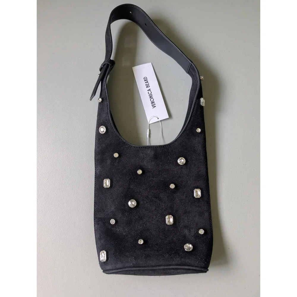 NWT Veronica Beard Small Crystal-Embellished Suede Shoulder Bucket Bag Black